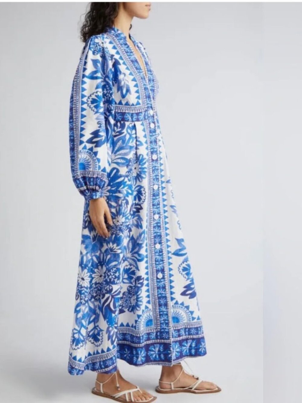 FARM Rio Flora Tapestry Maxi Dress NWT Size M Blue Off-White Linen - Picture 3 of 6